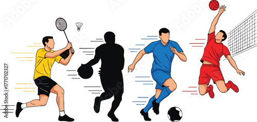 A dynamic vector illustration set of four male athletes playing badminton basketball soccer and volleyball in action poses.