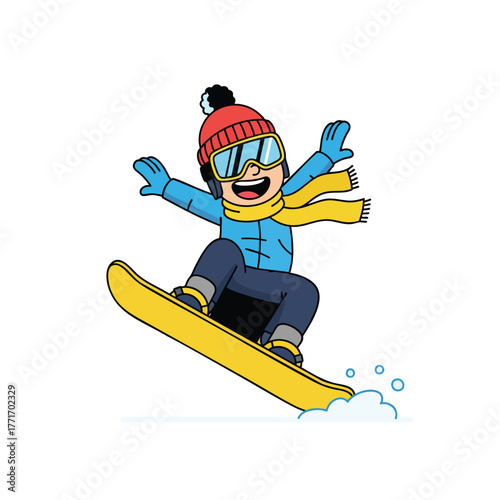 A happy cartoon child in a red beanie and blue goggles joyfully snowboarding with arms outstretched.