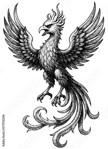 Phoenix Engraving, Vintage Line Art of Mythical Fire Bird, Detailed Black and White Etching Illustration Isolated on Transparent Background