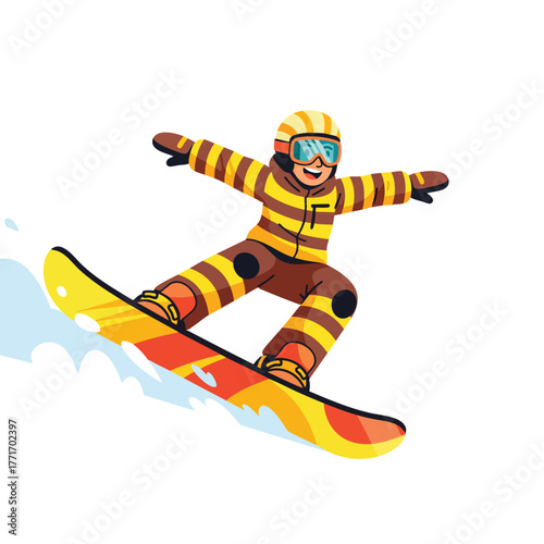 A joyful cartoon snowboarder in a yellow and brown striped suit helmet and goggles balancing on a colorful board.