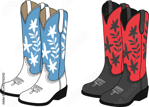 Colorful cowboy boots illustration featuring blue and red western designs with stars and leaves, stylish country fashion footwear art