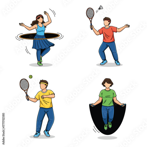 A vibrant collection of four cartoon characters engaged in diverse fitness activities like badminton tennis hula hooping and jumping rope.