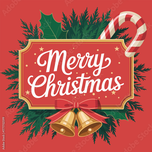 Festive Christmas Illustration with Candy Cane Bells and Evergreen Branches on a Red Background for Holiday Greetings and Celebrations