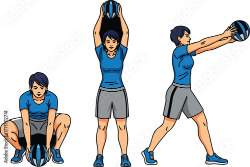 Athletic woman in blue sportswear demonstrating a threestep medicine ball exercise sequence.