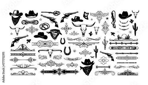 A large collection of old western design elements, embellishment, borders and divider lines.
