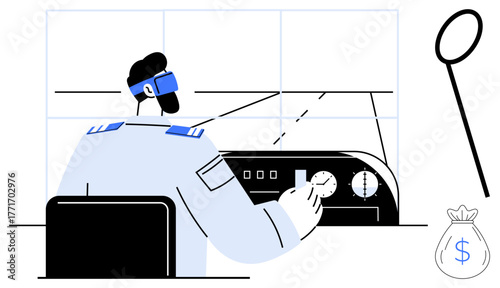 Pilot managing flight controls in cockpit, navigating with precision, financial planning represented by money bag, magnifying glass. Ideal for aviation, navigation, leadership, focus, control