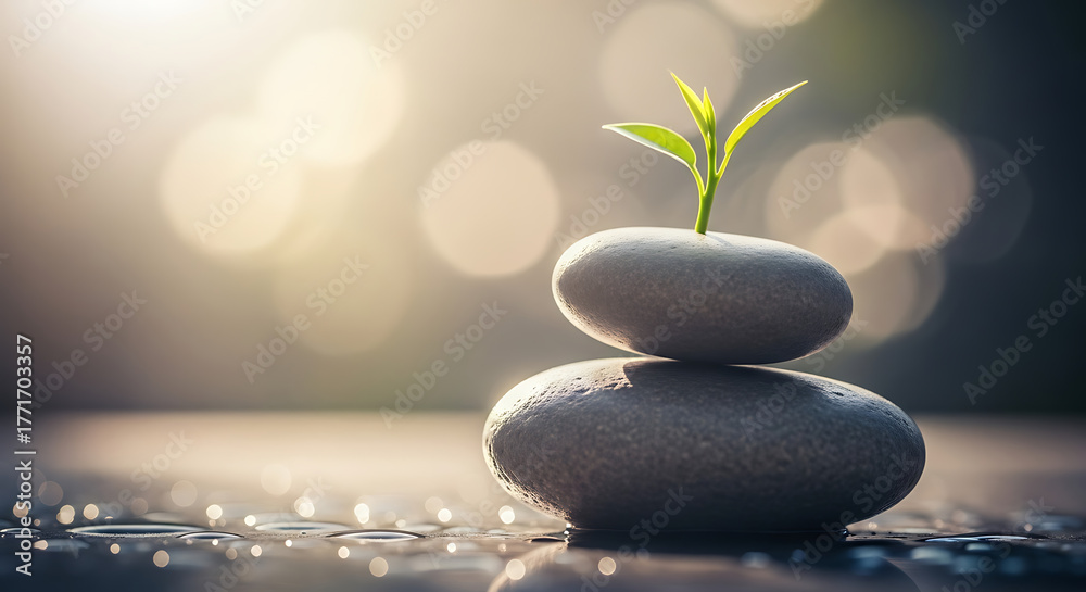 Obraz premium Delicate green sprout emerges from perfectly balanced zen stones, embodying gentle growth and serene harmony in nature