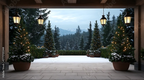 Winter wonderland view from a cozy porch with christmas trees and snow covered forest in the background