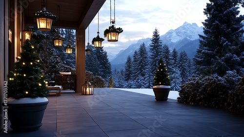Cozy christmas porch with snowy mountain view and decorated trees creating a festive holiday atmosphere