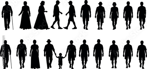 silhouette, walking, people, children, adults, icon, vector, posture, group, black, design, family, diversity, casual, inclusive