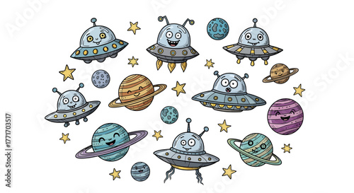 Whimsical cartoon aliens in flying saucers, with friendly planets and sparkling stars, forming a delightful cosmic cluster for playful space-themed designs