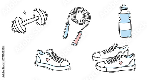 Playful hand-drawn doodle set of fitness essentials dumbbell, jump rope, water bottle, and sneakers. Ideal for active lifestyle illustrations, workout concepts, and healthy habits