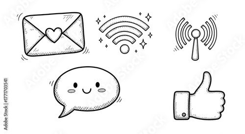 A charming hand-drawn collection of essential communication and social media symbols, featuring sketched mail, Wi-Fi, signal, chat, and like icons for digital engagement concepts