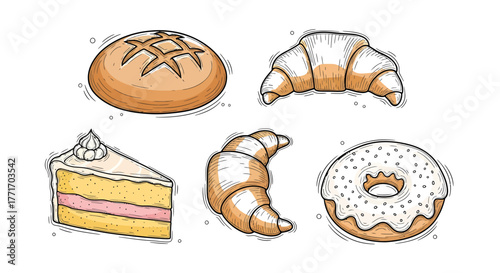 A delightful assortment of freshly baked goods and pastries, featuring croissants, a classic donut, a slice of creamy cake, and a rustic bread loaf, perfect for a cozy breakfast or a sweet treat