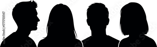 Silhouettes of people, anonymous group, black outline, gender diversity, faceless figures, identity concept, inclusion, minimal style, profile, abstract humans
