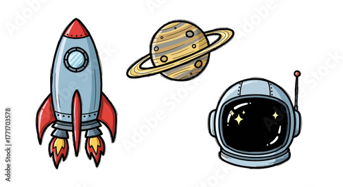 Whimsical vector set featuring a powerful space rocket blasting off, a majestic ringed planet, and a detailed astronaut helmet, perfect for cosmic adventures and futuristic exploration designs