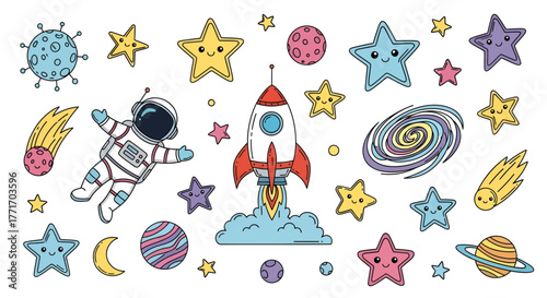 Colorful vector illustrations of popular fast food items hot dogs, french fries, cheeseburger, donut, soda, chicken, and pizza. Great for menus, banners, and digital content