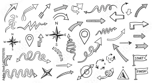 Large collection of hand-drawn doodle arrows, diverse directional pointers, and essential navigation symbols, ideal for graphic design projects, maps, and creative interface elements