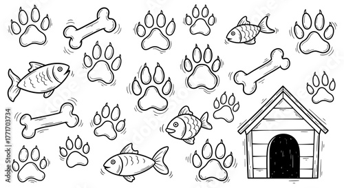 Charming Sketch Style Pet Accessories Pattern A Whimsical Collection of Dog Bones, Paw Prints, Fish Treats, and a Homey Dog House Design