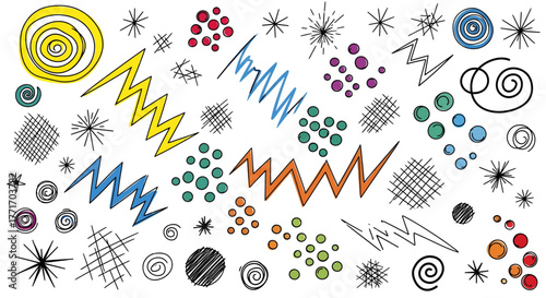 Dynamic and Colorful Set of Hand-Drawn Abstract Graphic Elements, including Spirals, Zigzags, and Doodles, Perfect for Creative Projects