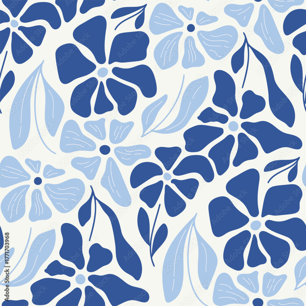 Fototapeta premium Vector seamless floral pattern with blue petunia flowers and leaves, hand drawn retro botanical design for textile, wallpaper, and packaging