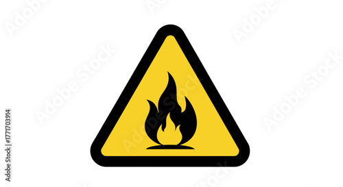 Bright yellow triangular warning sign with a bold black flame icon, clearly indicating fire hazard and flammable material risks, urging immediate safety awareness and caution