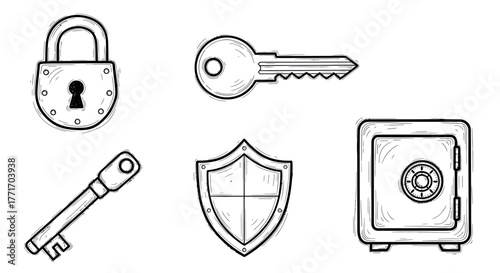 Whisk" inspired hand-drawn security and protection symbols including padlocks, keys, shields, and safes, rendered in a charming sketch style for digital and print design needs