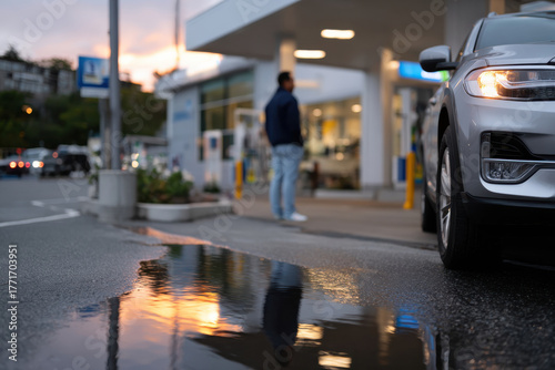 Wallpaper Mural A close-up of a silver car parked near a reflective puddle in a gas station, showcasing the beauty of reflections and the evening ambiance. Torontodigital.ca