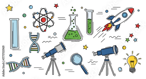 Line art vector illustration of scientific elements. Atom, DNA, lab equipment, rocket, telescopes shown for education, research, and discovery. Clean, modern graphic design