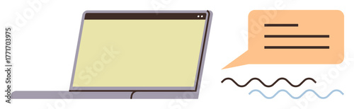 Open laptop alongside a speech bubble with text lines and curved lines symbolizing messaging, interaction, or digital discussion. Ideal for communication, technology, education, teamwork, remote