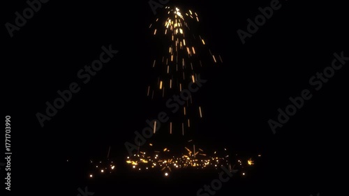 Fiery Golden Sparks Shower Falling Against a Black Background.