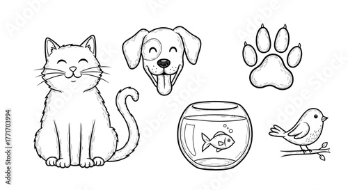 Adorable collection of hand-drawn line art pets, including a contented cat, cheerful dog, a playful fish, and a singing bird, bringing joy and warmth to any design project