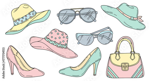 Elegant collection of women's stylish summer fashion accessories, including pastel hats, trendy sunglasses, chic high heels, and a fashionable handbag, designed for versatile and glamorous outfits