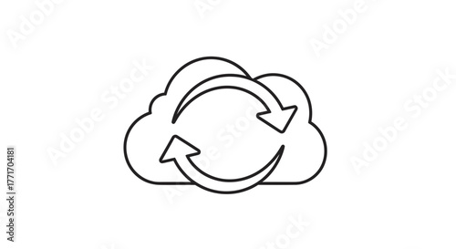 Outline icon depicting cloud data synchronization, transfer, and refresh operations for digital information exchange and storage update processes