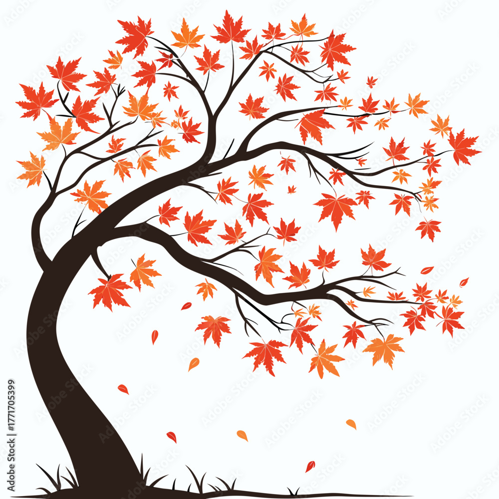 Fototapeta premium Artistic vector illustration of a curved maple tree with falling autumn leaves in vibrant colors