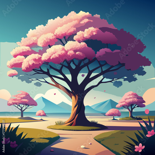 Geometric cherry blossom tree bushy canopy vector illustration scalable nature art