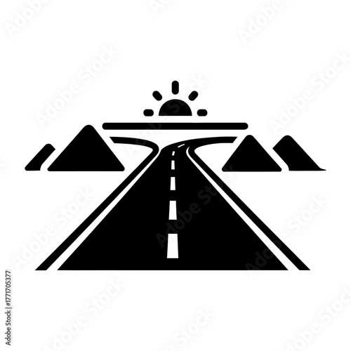 Minimalist Road Journey Icon with Mountains, Horizon, and Sun Design