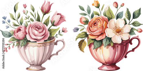 Elegant watercolor floral teacup arrangement with roses, tulips, and leaves, vintage botanical still life illustration for home decor and design