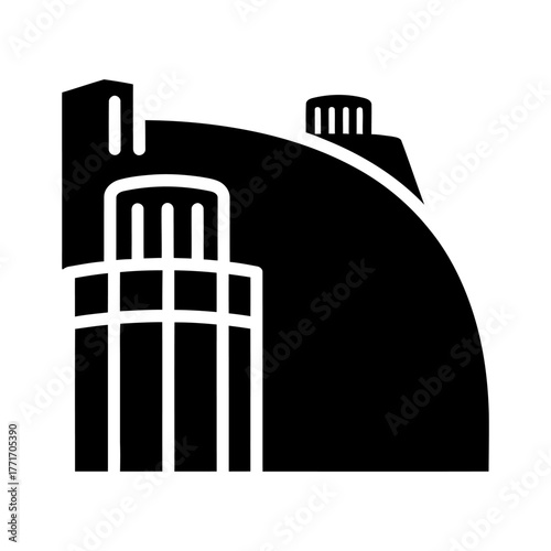 Solid Black Architectural Glyph Icon with Abstract Shapes