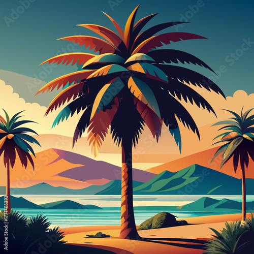 Vibrant layered palm tree with bushy canopy vector illustration for tropical beach scenes
