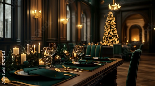 Elegant christmas dinner table setting with candles and christmas tree in a luxurious restaurant
