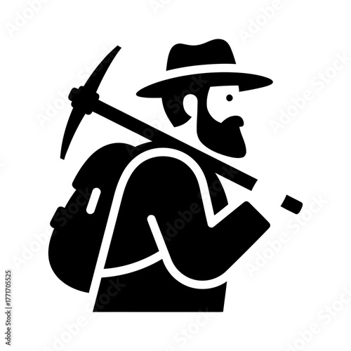 Solid Black Glyph Icon of an Adventurer with Pickaxe and Backpack
