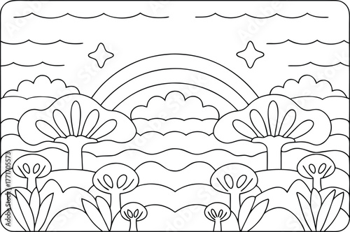 Enchanting coloring page featuring a serene landscape with a rainbow above rolling hills and trees