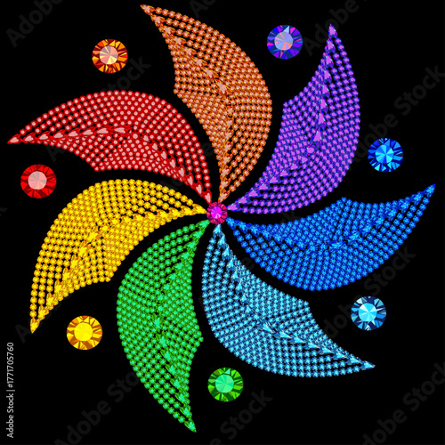 Illustration of a pinwheel made of rainbow colored gemstones on a black background