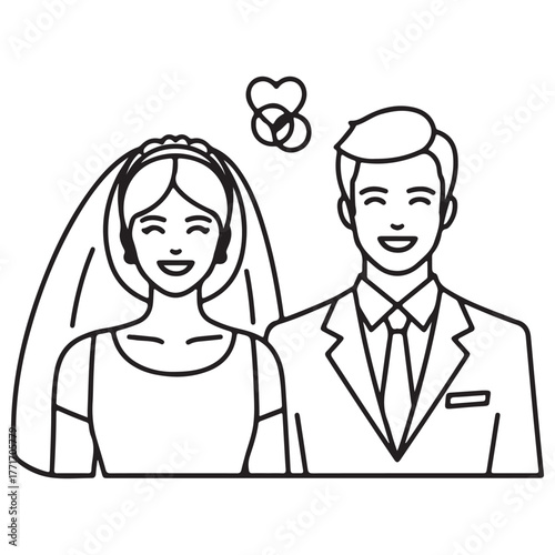 Line Art Happy Wedding Couple with Rings and Heart Symbol