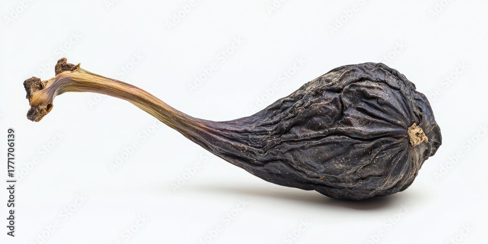 Obraz premium A dried fig rests on a white surface. The fig is dark purple and wrinkled, with a long, curved stem. The skin is leathery and textured, displaying deep fissures and folds