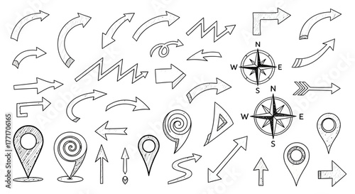 Dynamic Hand-Drawn Sketch Arrows, Navigation Pins, and Compass Symbols Collection for Creative Direction and Informational Graphics Design Elements