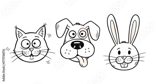Charming hand-drawn cartoon animal portraits a cheerful cat with prominent whiskers, a playful dog, and an endearing rabbit, all presented as versatile vector illustrations for kids' designs