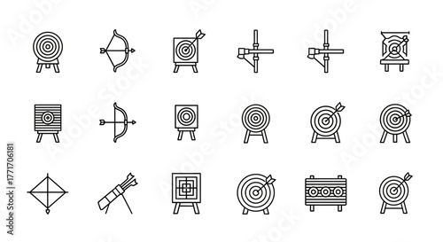 A collection of archery and target shooting icons, including bows, arrows, targets, and crossbows, presented in a simple, line-art style.