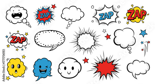 Dynamic collection of comic book style speech bubbles, thought clouds, and explosion sound effects, ideal for pop art designs and creative cartoon illustrations